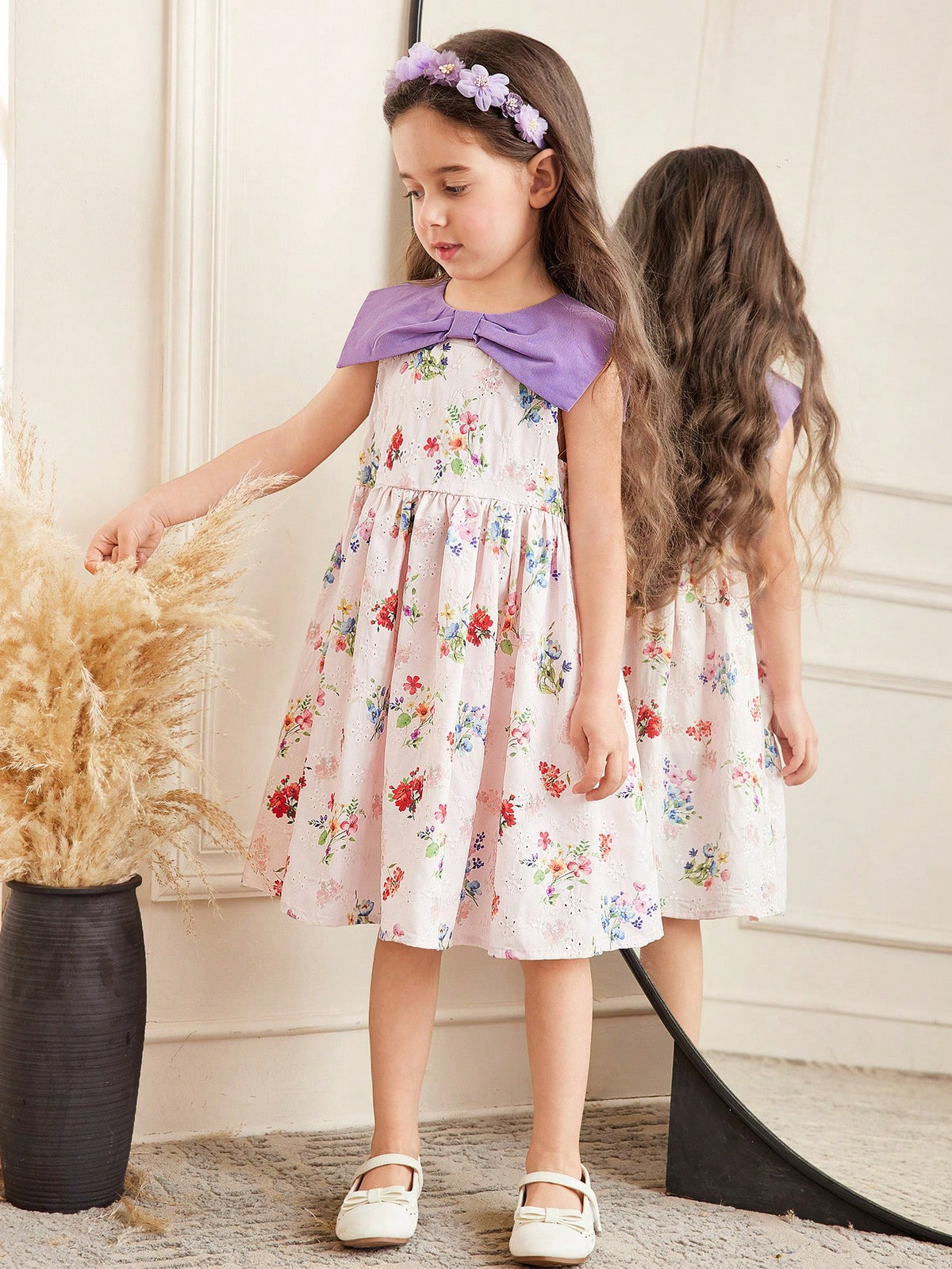 Young Girl Casual Holiday Colorblock Collar Woven Embroidery Ditsy Floral Waist Gathered Sleeveless Dress