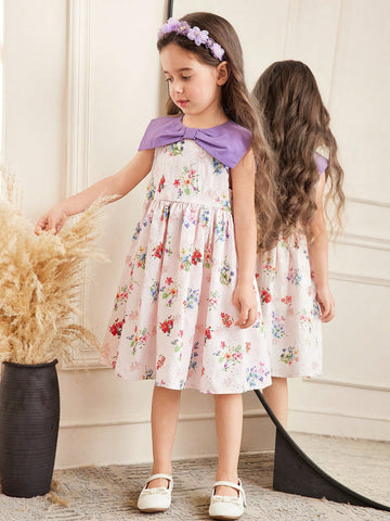 Young Girl Casual Holiday Colorblock Collar Woven Embroidery Ditsy Floral Waist Gathered Sleeveless Dress