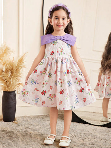 Young Girl Casual Holiday Colorblock Collar Woven Embroidery Ditsy Floral Waist Gathered Sleeveless Dress