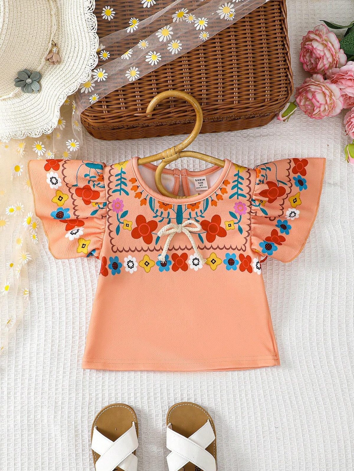 Young Girl Casual Imitated Fabric Floral Printed Ruffle Hem Short Sleeve Shirt With Bow Decoration