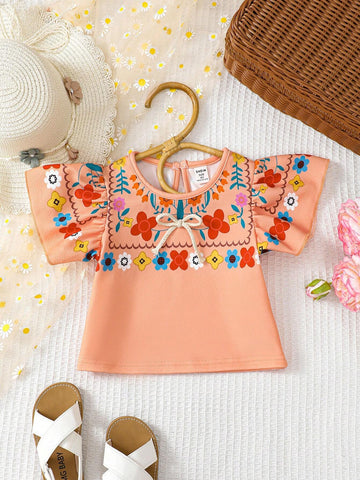 Young Girl Casual Imitated Fabric Floral Printed Ruffle Hem Short Sleeve Shirt With Bow Decoration
