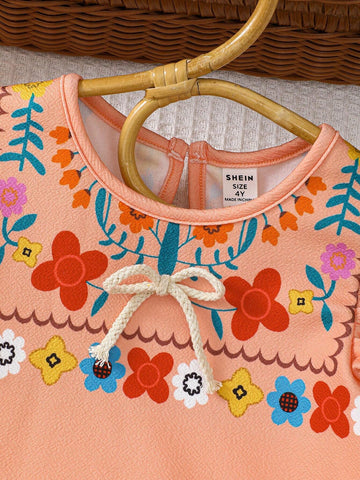 Young Girl Casual Imitated Fabric Floral Printed Ruffle Hem Short Sleeve Shirt With Bow Decoration
