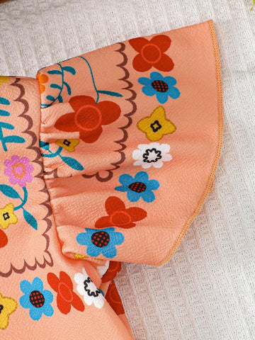 Young Girl Casual Imitated Fabric Floral Printed Ruffle Hem Short Sleeve Shirt With Bow Decoration