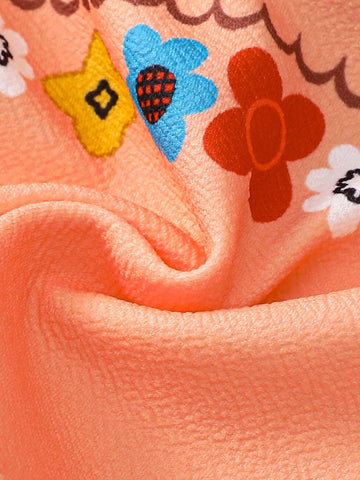 Young Girl Casual Imitated Fabric Floral Printed Ruffle Hem Short Sleeve Shirt With Bow Decoration