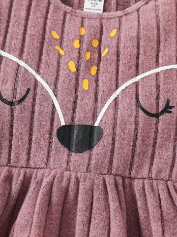 Young Girl Casual Knit Fox Face Print Dress