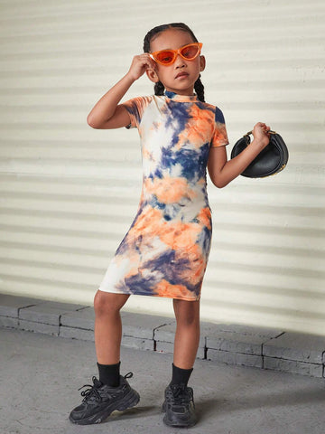 Young Girl Casual Knit Tie-Dye Stand Collar Dress For Holiday