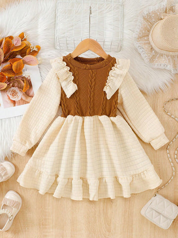 Young Girl Casual Knitted Color Block Ruffle Hem Dress, Spring Autumn