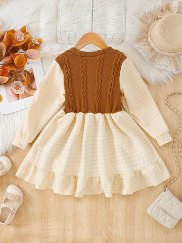 Young Girl Casual Knitted Color Block Ruffle Hem Dress, Spring Autumn