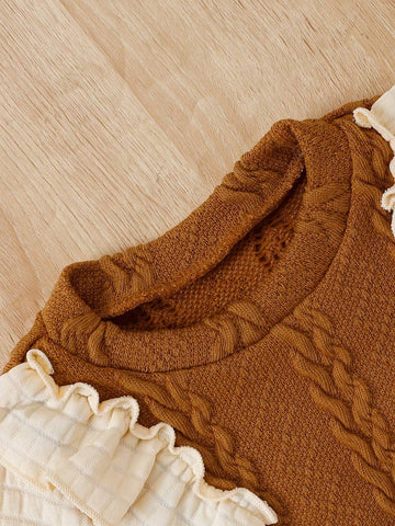 Young Girl Casual Knitted Color Block Ruffle Hem Dress, Spring Autumn