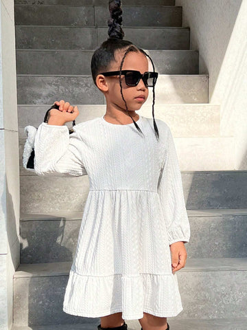Young Girl Casual Knitted Crew Neck Long Sleeve Dress