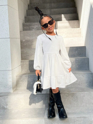 Young Girl Casual Knitted Crew Neck Long Sleeve Dress