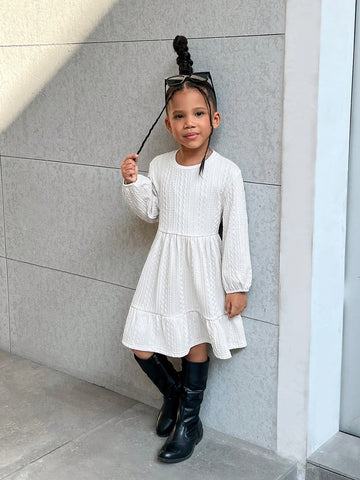 Young Girl Casual Knitted Crew Neck Long Sleeve Dress