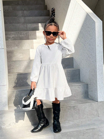 Young Girl Casual Knitted Crew Neck Long Sleeve Dress