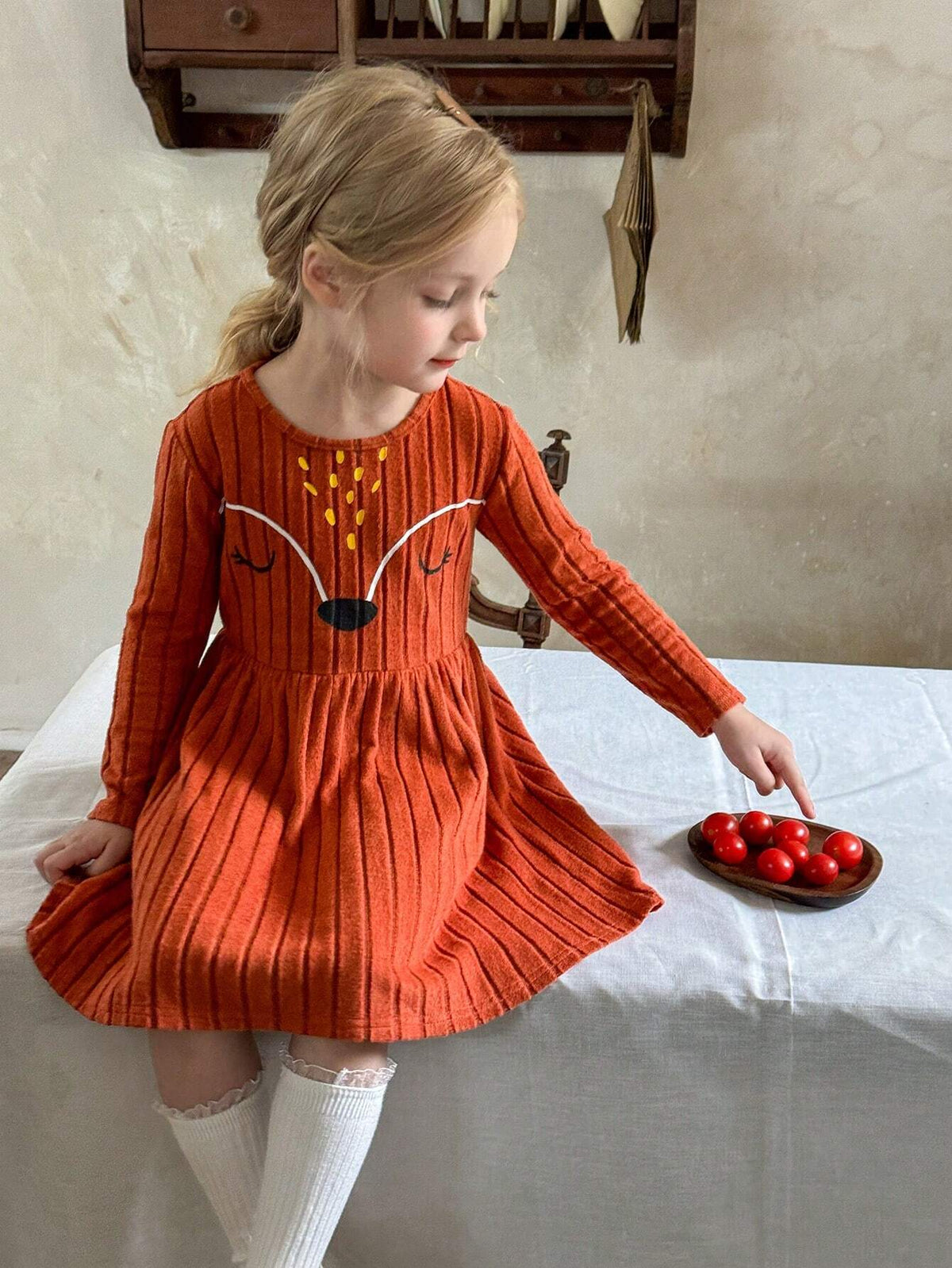 Young Girl Casual Knitted Fox Facial Expression Print Dress