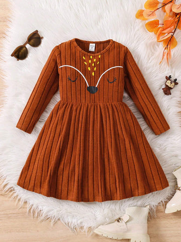Young Girl Casual Knitted Fox Facial Expression Print Dress