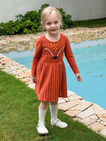 Young Girl Casual Knitted Fox Facial Expression Print Dress