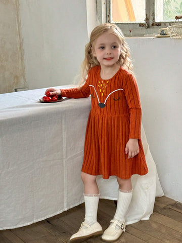Young Girl Casual Knitted Fox Facial Expression Print Dress