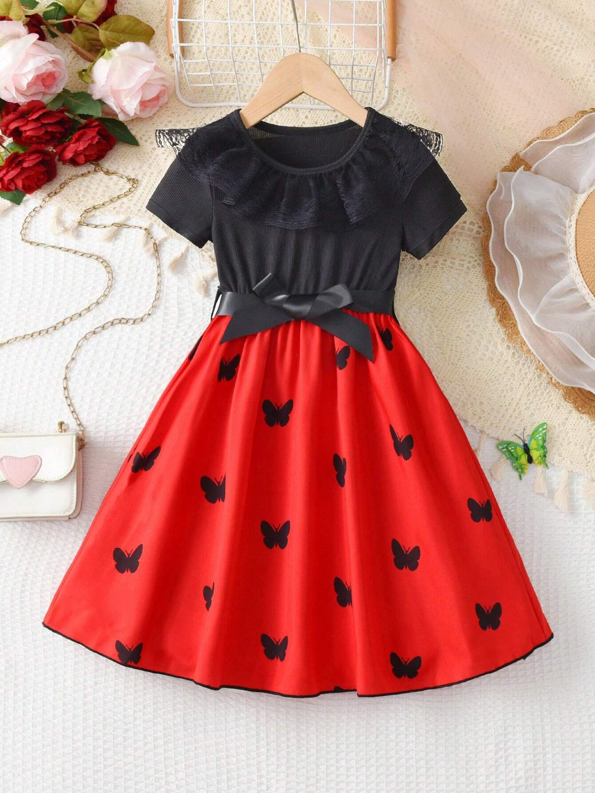 Young Girl Casual Lace & Colorblock Butterfly Print A-Line Dress With Waist Belt, Summer