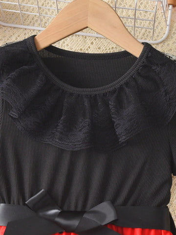 Young Girl Casual Lace & Colorblock Butterfly Print A-Line Dress With Waist Belt, Summer