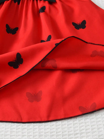 Young Girl Casual Lace & Colorblock Butterfly Print A-Line Dress With Waist Belt, Summer