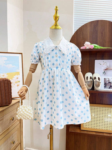 Young Girl Casual Ladylike Polka Dot Printed Dress With Lapel Collar, Button Closure And A-Line Flared Hem