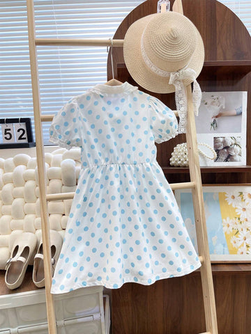 Young Girl Casual Ladylike Polka Dot Printed Dress With Lapel Collar, Button Closure And A-Line Flared Hem