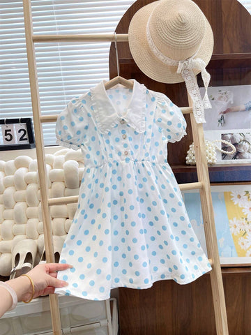 Young Girl Casual Ladylike Polka Dot Printed Dress With Lapel Collar, Button Closure And A-Line Flared Hem