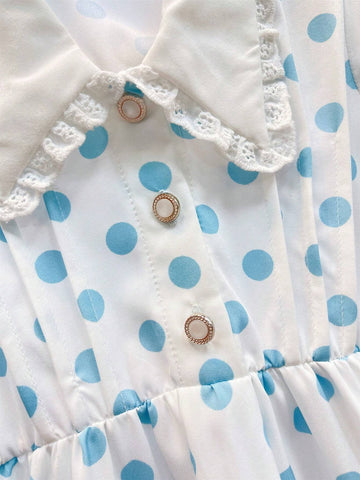 Young Girl Casual Ladylike Polka Dot Printed Dress With Lapel Collar, Button Closure And A-Line Flared Hem
