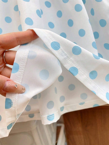Young Girl Casual Ladylike Polka Dot Printed Dress With Lapel Collar, Button Closure And A-Line Flared Hem