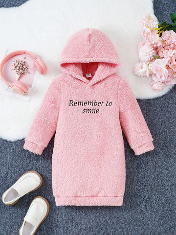 Young Girl Casual Letter Embroidery Hooded Fleece Dress, Autumn/Winter