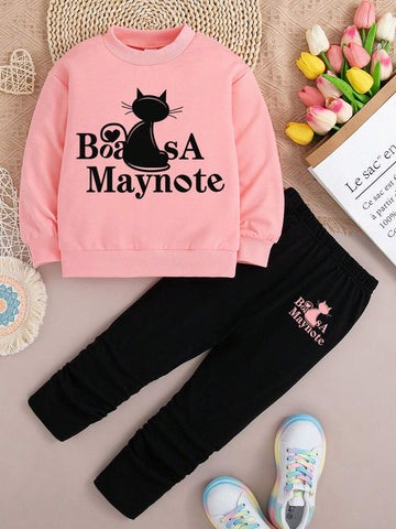 Young Girl Casual Letter Print Crew Neck Sweatshirt And Leggings Set, Autumn