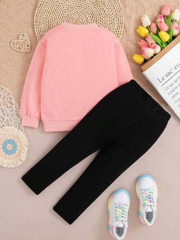 Young Girl Casual Letter Print Crew Neck Sweatshirt And Leggings Set, Autumn