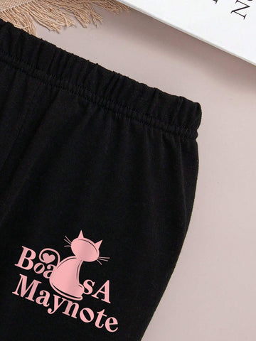 Young Girl Casual Letter Print Crew Neck Sweatshirt And Leggings Set, Autumn