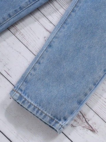 Young Girl Casual Light Blue Acid-Washed Embroidered Tapered Jeans