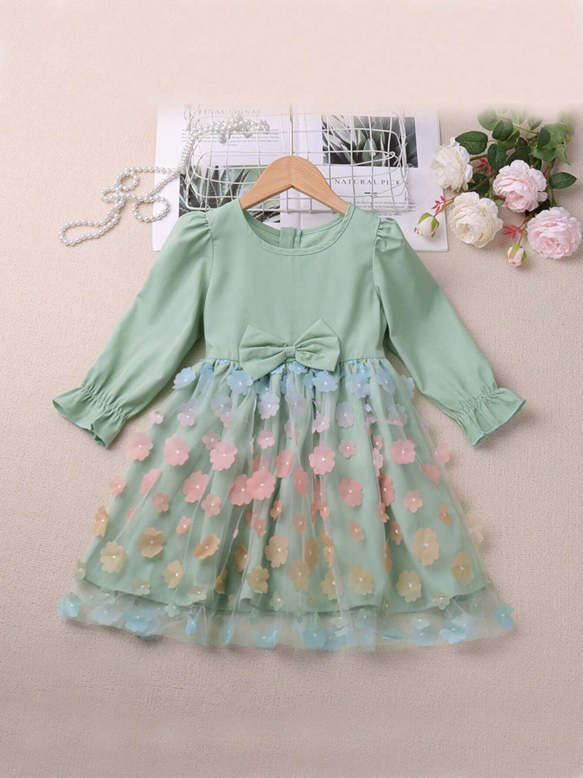 Young Girl Casual Long Sleeve Bow Ombre Floral Patch Dress, Suitable For Autumn
