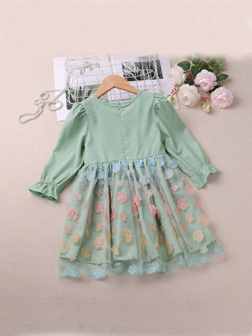 Young Girl Casual Long Sleeve Bow Ombre Floral Patch Dress, Suitable For Autumn