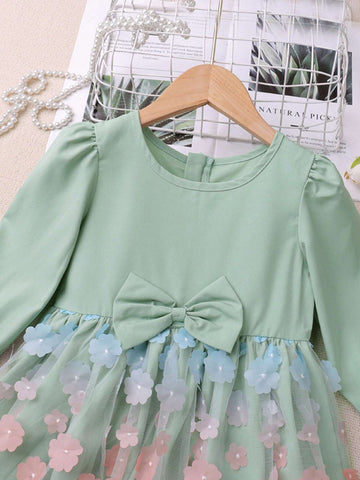 Young Girl Casual Long Sleeve Bow Ombre Floral Patch Dress, Suitable For Autumn