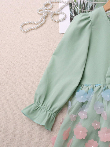 Young Girl Casual Long Sleeve Bow Ombre Floral Patch Dress, Suitable For Autumn