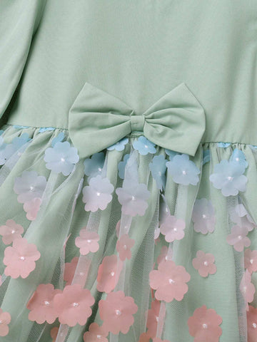 Young Girl Casual Long Sleeve Bow Ombre Floral Patch Dress, Suitable For Autumn