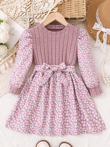 Young Girl Casual Loose Ditsy Floral Long Sleeve Dress With Belt, Cute Girly Style, Suitable For Home, Outing, Casual Vacation, Spring & Autumn