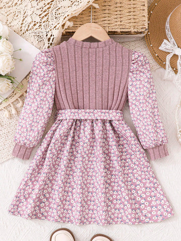 Young Girl Casual Loose Ditsy Floral Long Sleeve Dress With Belt, Cute Girly Style, Suitable For Home, Outing, Casual Vacation, Spring & Autumn