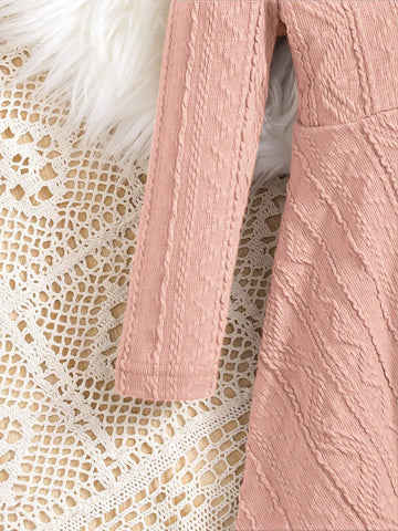 Young Girl Casual Marled Color Jacquard Knit Long Sleeve Button Front A-Line Dress + Cozy Soft Double-Faced Fleece Collar, Elegant Yet Casual, Versatile Layering Dress For Autumn/Winter