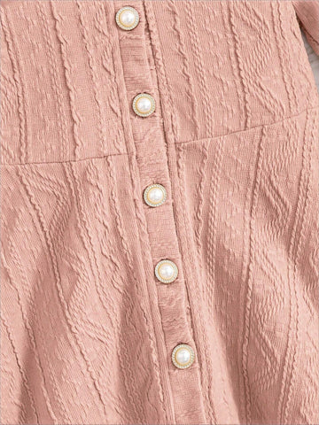 Young Girl Casual Marled Color Jacquard Knit Long Sleeve Button Front A-Line Dress + Cozy Soft Double-Faced Fleece Collar, Elegant Yet Casual, Versatile Layering Dress For Autumn/Winter