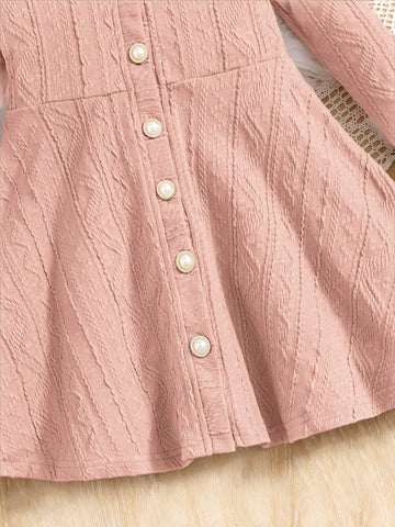 Young Girl Casual Marled Color Jacquard Knit Long Sleeve Button Front A-Line Dress + Cozy Soft Double-Faced Fleece Collar, Elegant Yet Casual, Versatile Layering Dress For Autumn/Winter