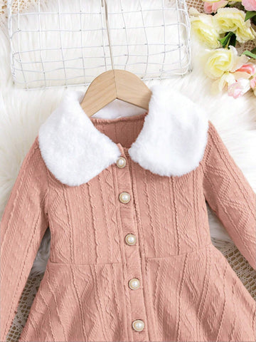 Young Girl Casual Marled Color Jacquard Knit Long Sleeve Button Front A-Line Dress + Cozy Soft Double-Faced Fleece Collar, Elegant Yet Casual, Versatile Layering Dress For Autumn/Winter