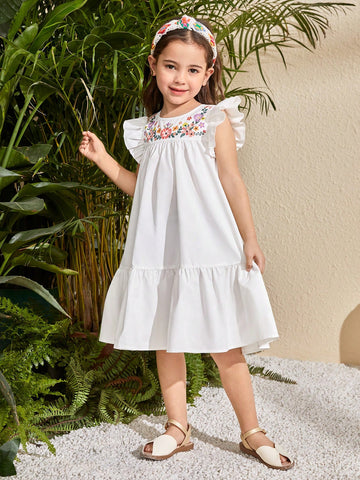 Young Girl Casual Matching Mother-DaughterFloral Embroidery Ruffle Trim Smock Dress