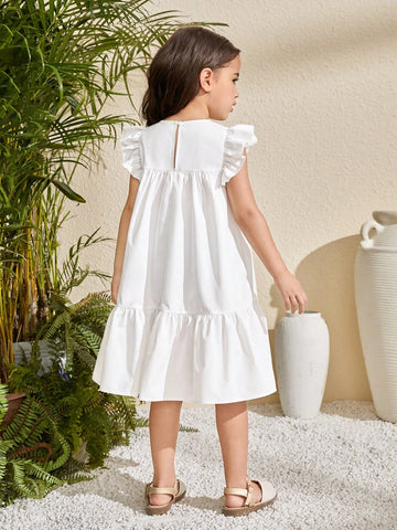 Young Girl Casual Matching Mother-DaughterFloral Embroidery Ruffle Trim Smock Dress