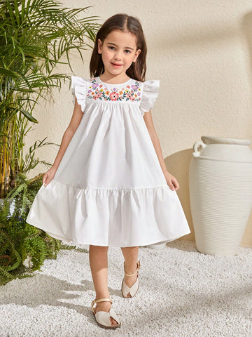 Young Girl Casual Matching Mother-DaughterFloral Embroidery Ruffle Trim Smock Dress