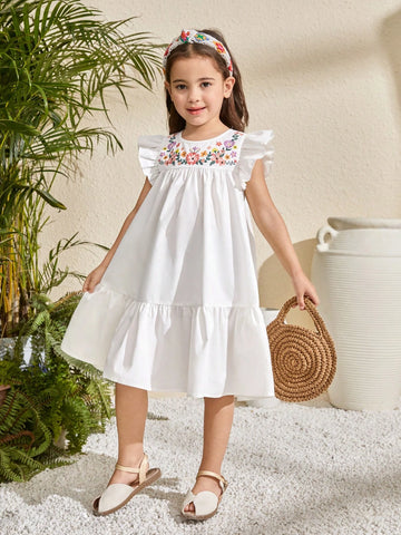 Young Girl Casual Matching Mother-DaughterFloral Embroidery Ruffle Trim Smock Dress