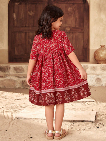 Young Girl Casual Matching Mother-Daughter 1pc Floral Print Button Front Smock Dress, Suitable For Daily Casual Wear And Travel And Vacation Wear